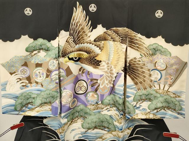 平和屋着物[]お宮参り　男の子　祝着　産着　初着　のしめ　駒刺繍　鷹　鷲　立波松文　金彩　逸品　DAAY3357ma