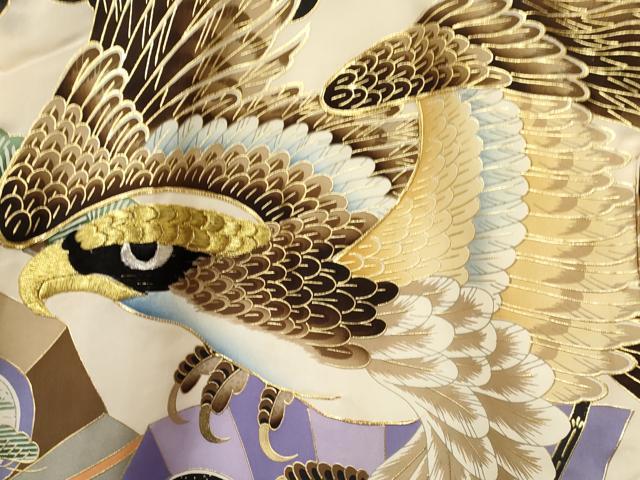 平和屋着物[]お宮参り　男の子　祝着　産着　初着　のしめ　駒刺繍　鷹　鷲　立波松文　金彩　逸品　DAAY3357ma
