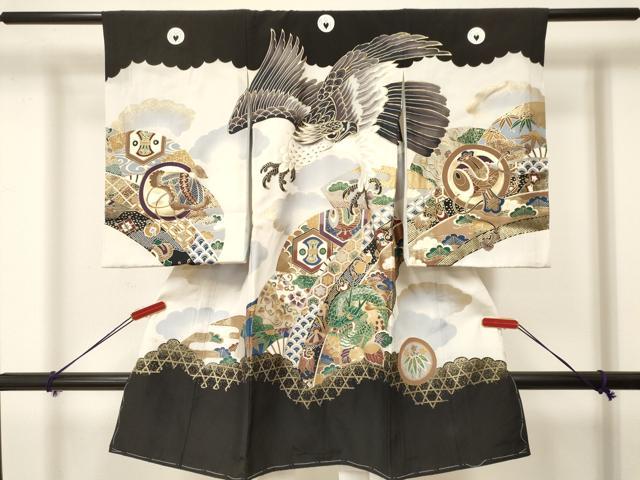 平和屋着物[]お宮参り 男の子 祝着 産着 初着 のしめ 鷹 鷲 龍 扇面笹松文 金彩 逸品 未使用 DAAY3359ma