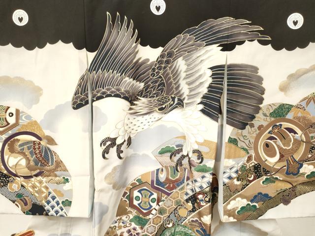 平和屋着物[]お宮参り　男の子　祝着　産着　初着　のしめ　鷹　鷲　龍　扇面笹松文　金彩　逸品　未使用　DAAY3359ma
