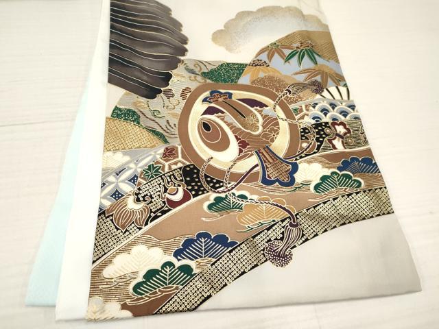 平和屋着物[]お宮参り　男の子　祝着　産着　初着　のしめ　鷹　鷲　龍　扇面笹松文　金彩　逸品　未使用　DAAY3359ma