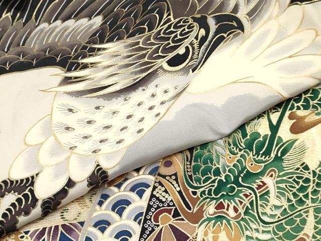 平和屋着物[]お宮参り　男の子　祝着　産着　初着　のしめ　鷹　鷲　龍　扇面笹松文　金彩　逸品　未使用　DAAY3359ma