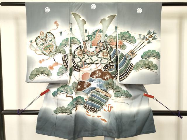 平和屋着物[]お宮参り　男の子　祝着　産着　初着　のしめ　駒刺繍　龍　兜　扇面立波松文　暈し染め　金彩　逸品　DAAY3362ma