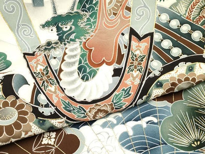 平和屋着物[]お宮参り　男の子　祝着　産着　初着　のしめ　駒刺繍　龍　兜　扇面立波松文　暈し染め　金彩　逸品　DAAY3362ma