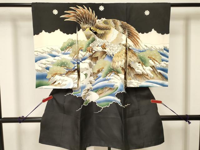 平和屋着物[]お宮参り　男の子　祝着　産着　初着　のしめ　刺繍　鷹　鷲　立波松文　金彩　逸品　DAAY3363ma