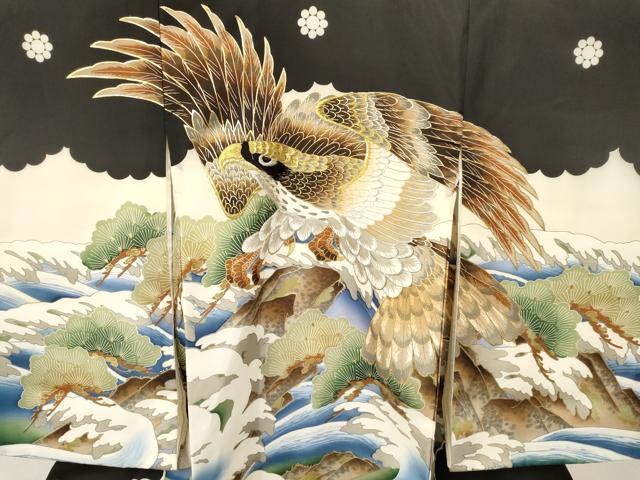平和屋着物[]お宮参り　男の子　祝着　産着　初着　のしめ　刺繍　鷹　鷲　立波松文　金彩　逸品　DAAY3363ma