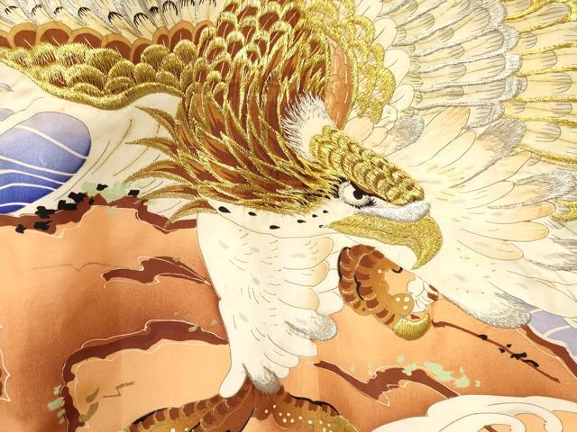 平和屋着物[]お宮参り　男の子　祝着　産着　初着　のしめ　刺繍　鷹　鷲　立波松文　金彩　逸品　DAAY3364ma