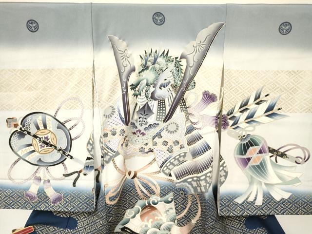 平和屋着物[]お宮参り　男の子　祝着　産着　初着　のしめ　駒刺繍　龍　兜　扇面立波文　暈し染め　金銀彩　逸品　DAAY3371ma