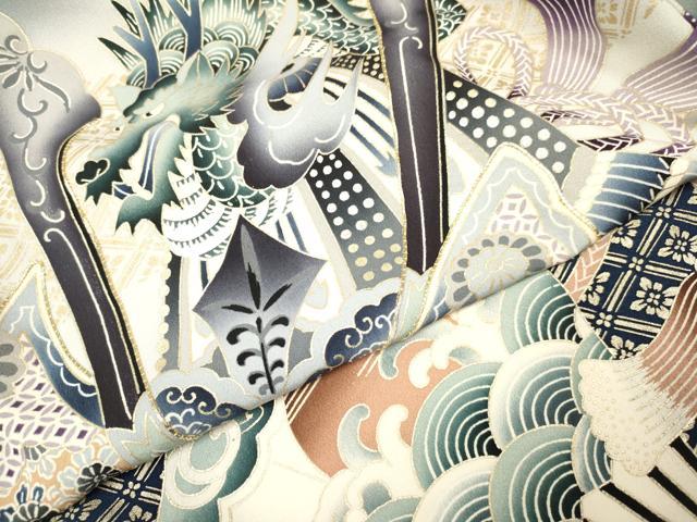 平和屋着物[]お宮参り　男の子　祝着　産着　初着　のしめ　駒刺繍　龍　兜　扇面立波文　暈し染め　金銀彩　逸品　DAAY3371ma