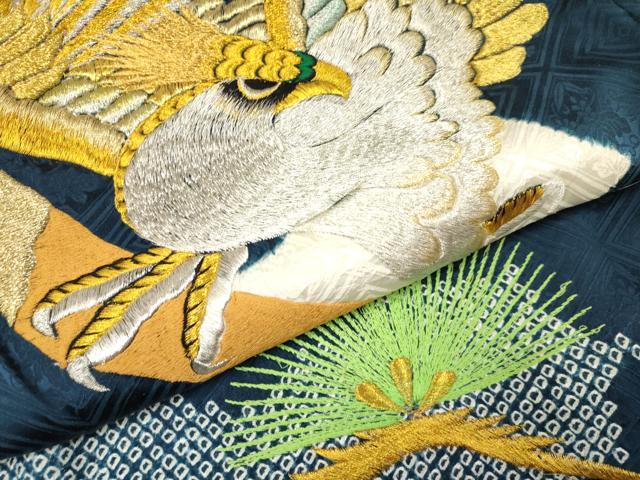 平和屋着物[]お宮参り　男の子　祝着　産着　初着　のしめ　刺繍　絞り　鷹　鷲　松文　金銀糸　逸品　DAAY3376ma