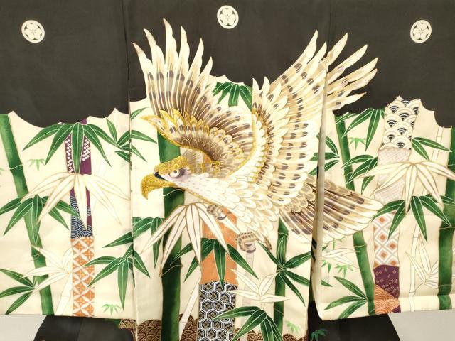 平和屋着物[]お宮参り　男の子　祝着　産着　初着　のしめ　刺繍　鷹　鷲　笹竹文　金彩　逸品　DAAY3379ma
