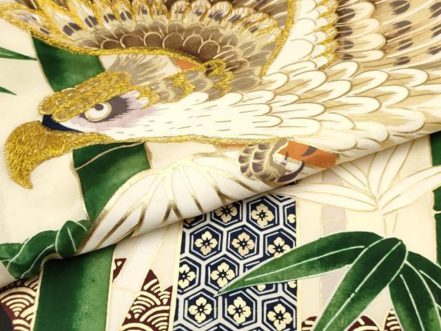 平和屋着物[]お宮参り　男の子　祝着　産着　初着　のしめ　刺繍　鷹　鷲　笹竹文　金彩　逸品　DAAY3379ma