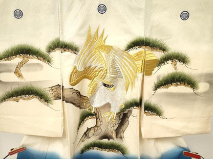 平和屋着物[]お宮参り　男の子　祝着　産着　初着　のしめ　刺繍　鷹　鷲　松文　暈し染め　金彩　逸品　DAAY3381ma