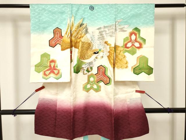 平和屋着物[]お宮参り　男の子　祝着　産着　初着　のしめ　駒刺繍　鷹　鷲　毘沙門亀甲花文　暈し染め　金彩　逸品　DAAY3383ma
