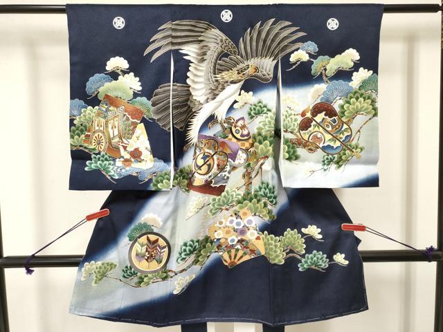 平和屋着物[]お宮参り　男の子　祝着　産着　初着　のしめ　鷹　鷲　破れ色紙重ね　源氏車梅松文　暈し染め　金彩　逸品　DAAY3386ma