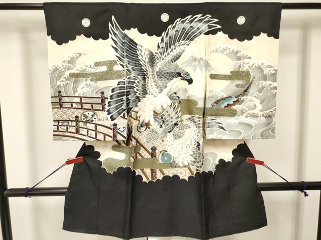 平和屋着物[]お宮参り　男の子　祝着　産着　初着　のしめ　鷹　鷲　風景立波花文　金銀彩　逸品　DAAY3390ma