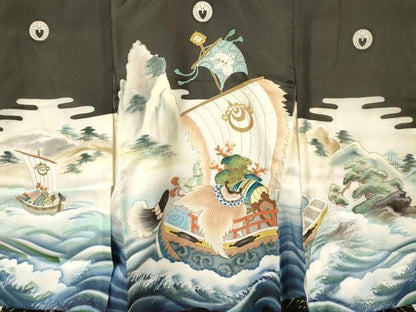 平和屋着物[]お宮参り　男の子　祝着　産着　初着　のしめ　駒刺繍　龍　宝船　暈し染め　金銀彩　逸品　DAAY3393ma