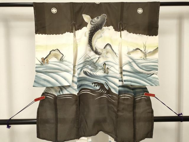 平和屋着物＊夏物　お宮参り　男の子　祝着　産着　初着　のしめ　絽　鯉　立波文　暈し染め　銀彩　逸品　DAAY3396ma