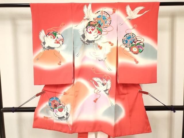平和屋着物[]お宮参り　女の子　祝着　産着　初着　のしめ　鼓飛鶴花文　暈し染め　銀彩　逸品　DAAY3406ma
