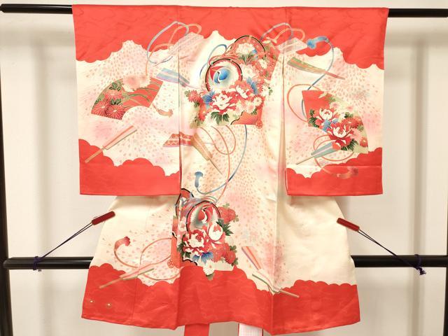 平和屋着物[]お宮参り　女の子　祝着　産着　初着　のしめ　扇面鼓飛鶴花文　暈し染め　金彩　逸品　DAAY3407ma