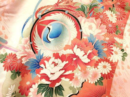 平和屋着物[]お宮参り　女の子　祝着　産着　初着　のしめ　扇面鼓飛鶴花文　暈し染め　金彩　逸品　DAAY3407ma