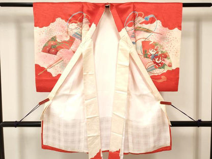 平和屋着物[]お宮参り　女の子　祝着　産着　初着　のしめ　扇面鼓飛鶴花文　暈し染め　金彩　逸品　DAAY3407ma