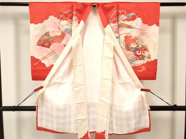平和屋着物[]お宮参り　女の子　祝着　産着　初着　のしめ　扇面鼓飛鶴花文　暈し染め　金彩　逸品　DAAY3407ma