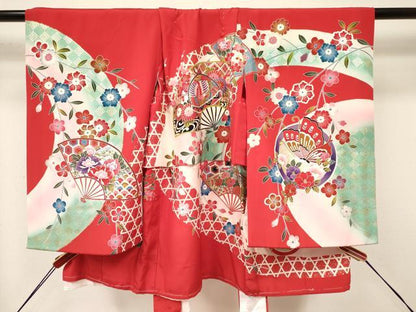 平和屋着物[]お宮参り　女の子　祝着　産着　初着　のしめ　鈴　扇面鳳凰花蝶文　暈し染め　金銀彩　逸品　DAAY3411ma