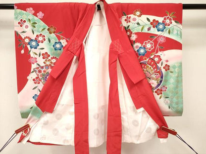 平和屋着物[]お宮参り　女の子　祝着　産着　初着　のしめ　鈴　扇面鳳凰花蝶文　暈し染め　金銀彩　逸品　DAAY3411ma