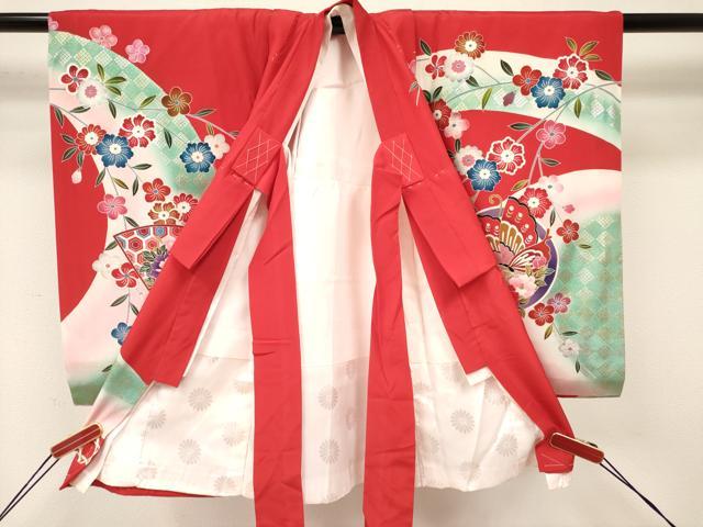 平和屋着物[]お宮参り　女の子　祝着　産着　初着　のしめ　鈴　扇面鳳凰花蝶文　暈し染め　金銀彩　逸品　DAAY3411ma