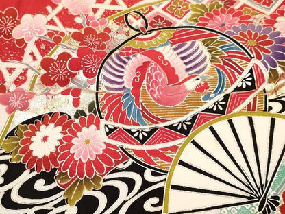 平和屋着物[]お宮参り　女の子　祝着　産着　初着　のしめ　鈴　扇面鳳凰花蝶文　暈し染め　金銀彩　逸品　DAAY3411ma