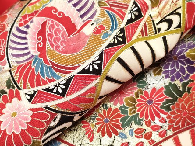 平和屋着物[]お宮参り　女の子　祝着　産着　初着　のしめ　鈴　扇面鳳凰花蝶文　暈し染め　金銀彩　逸品　DAAY3411ma