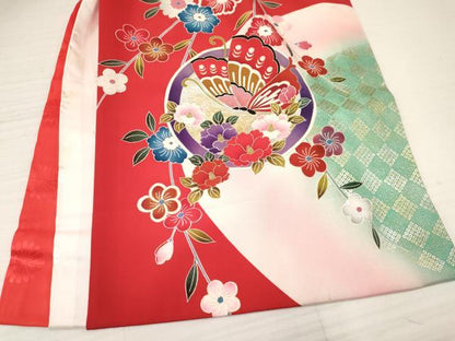 平和屋着物[]お宮参り　女の子　祝着　産着　初着　のしめ　鈴　扇面鳳凰花蝶文　暈し染め　金銀彩　逸品　DAAY3411ma