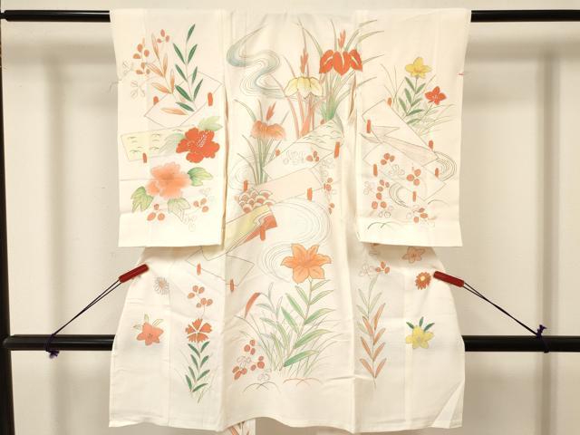 平和屋着物＊夏物　お宮参り　女の子　祝着　産着　初着　のしめ　絽　駒刺繍　杜若　短冊花文　金銀彩　逸品　DAAY3412ma