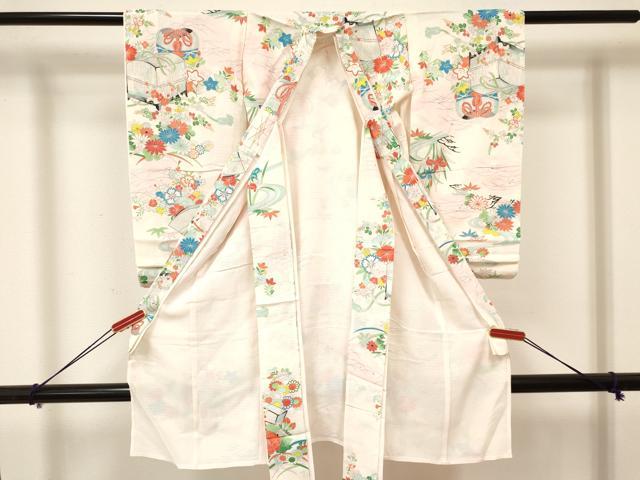 平和屋着物＊夏物 お宮参り 女の子 祝着 産着 初着 のしめ 絽 花文箱 銀彩 逸品 DAAY3413ma
