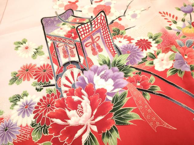 平和屋着物[]お宮参り　女の子　祝着　産着　初着　のしめ　糸車　雪輪几帳御所車花文　暈し染め　金銀彩　逸品　DAAY3417ma