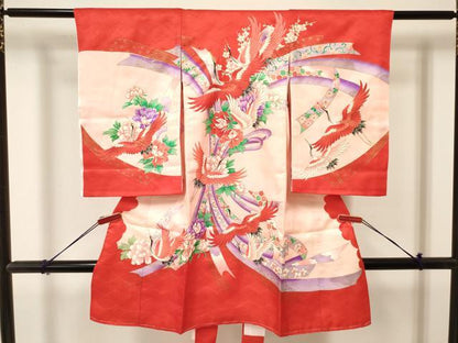 平和屋着物[]お宮参り　女の子　祝着　産着　初着　のしめ　駒刺繍　熨斗飛鶴花文　暈し染め　金彩　逸品　DAAY3422ma