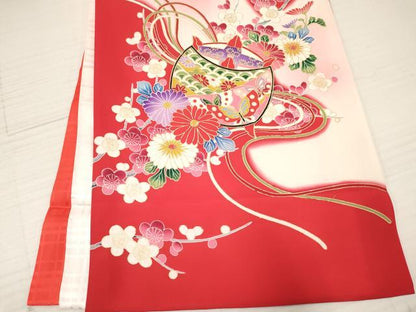 平和屋着物[]お宮参り　女の子　祝着　産着　初着　のしめ　糸車　檜扇鞠花蝶文　暈し染め　金彩　逸品　DAAY3423ma