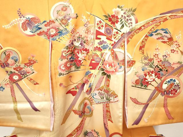 平和屋着物[]お宮参り　女の子　祝着　産着　初着　のしめ　糸車　貴重扇面花蝶丸文　暈し染め　金彩　逸品　DAAY3425ma