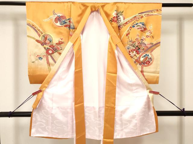 平和屋着物[]お宮参り　女の子　祝着　産着　初着　のしめ　糸車　貴重扇面花蝶丸文　暈し染め　金彩　逸品　DAAY3425ma