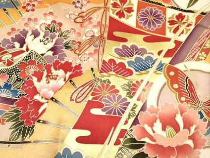 平和屋着物[]お宮参り　女の子　祝着　産着　初着　のしめ　糸車　貴重扇面花蝶丸文　暈し染め　金彩　逸品　DAAY3425ma