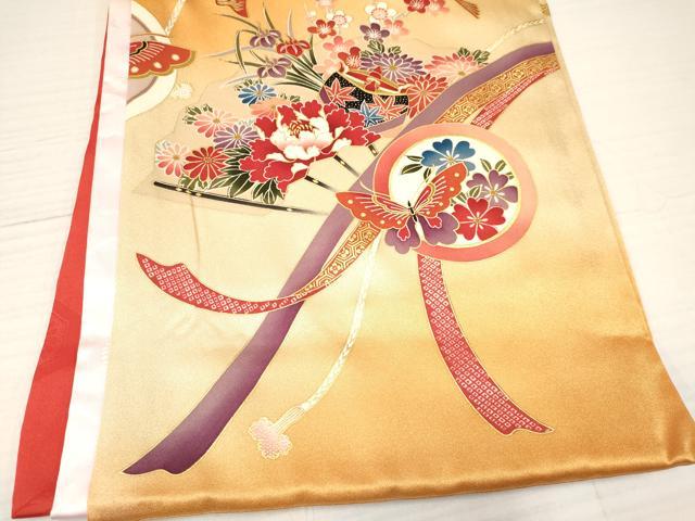 平和屋着物[]お宮参り　女の子　祝着　産着　初着　のしめ　糸車　貴重扇面花蝶丸文　暈し染め　金彩　逸品　DAAY3425ma