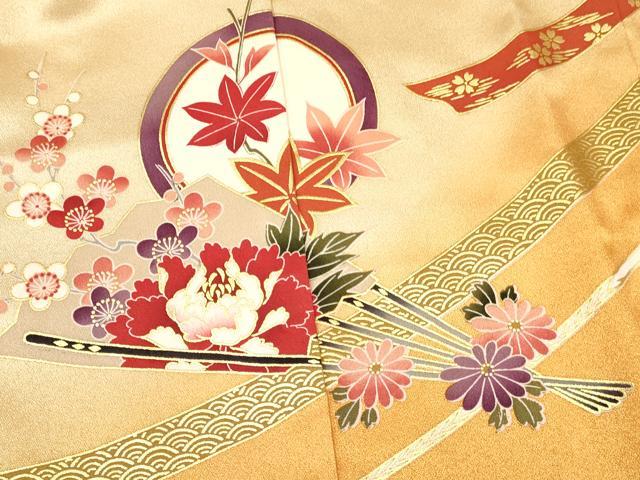 平和屋着物[]お宮参り　女の子　祝着　産着　初着　のしめ　糸車　貴重扇面花蝶丸文　暈し染め　金彩　逸品　DAAY3425ma