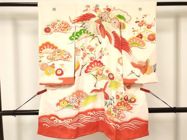 平和屋着物[]アンティーク 大正ロマン お宮参り 女の子 祝着 産着 初着 のしめ 駒刺繍 飛鶴松取り花文 暈し染め 金彩 逸品 DAAY3426ma
