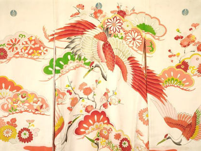平和屋着物[]アンティーク 大正ロマン お宮参り 女の子 祝着 産着 初着 のしめ 駒刺繍 飛鶴松取り花文 暈し染め 金彩 逸品 DAAY3426ma