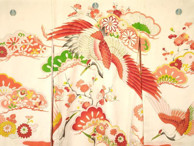平和屋着物[]アンティーク 大正ロマン お宮参り 女の子 祝着 産着 初着 のしめ 駒刺繍 飛鶴松取り花文 暈し染め 金彩 逸品 DAAY3426ma