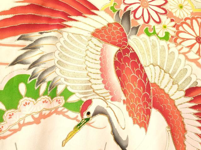 平和屋着物[]アンティーク 大正ロマン お宮参り 女の子 祝着 産着 初着 のしめ 駒刺繍 飛鶴松取り花文 暈し染め 金彩 逸品 DAAY3426ma