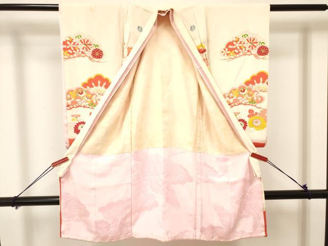 平和屋着物[]アンティーク 大正ロマン お宮参り 女の子 祝着 産着 初着 のしめ 駒刺繍 飛鶴松取り花文 暈し染め 金彩 逸品 DAAY3426ma