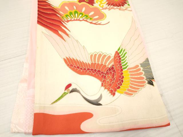 平和屋着物[]アンティーク 大正ロマン お宮参り 女の子 祝着 産着 初着 のしめ 駒刺繍 飛鶴松取り花文 暈し染め 金彩 逸品 DAAY3426ma