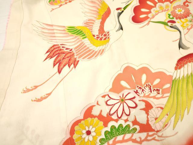 平和屋着物[]アンティーク 大正ロマン お宮参り 女の子 祝着 産着 初着 のしめ 駒刺繍 飛鶴松取り花文 暈し染め 金彩 逸品 DAAY3426ma